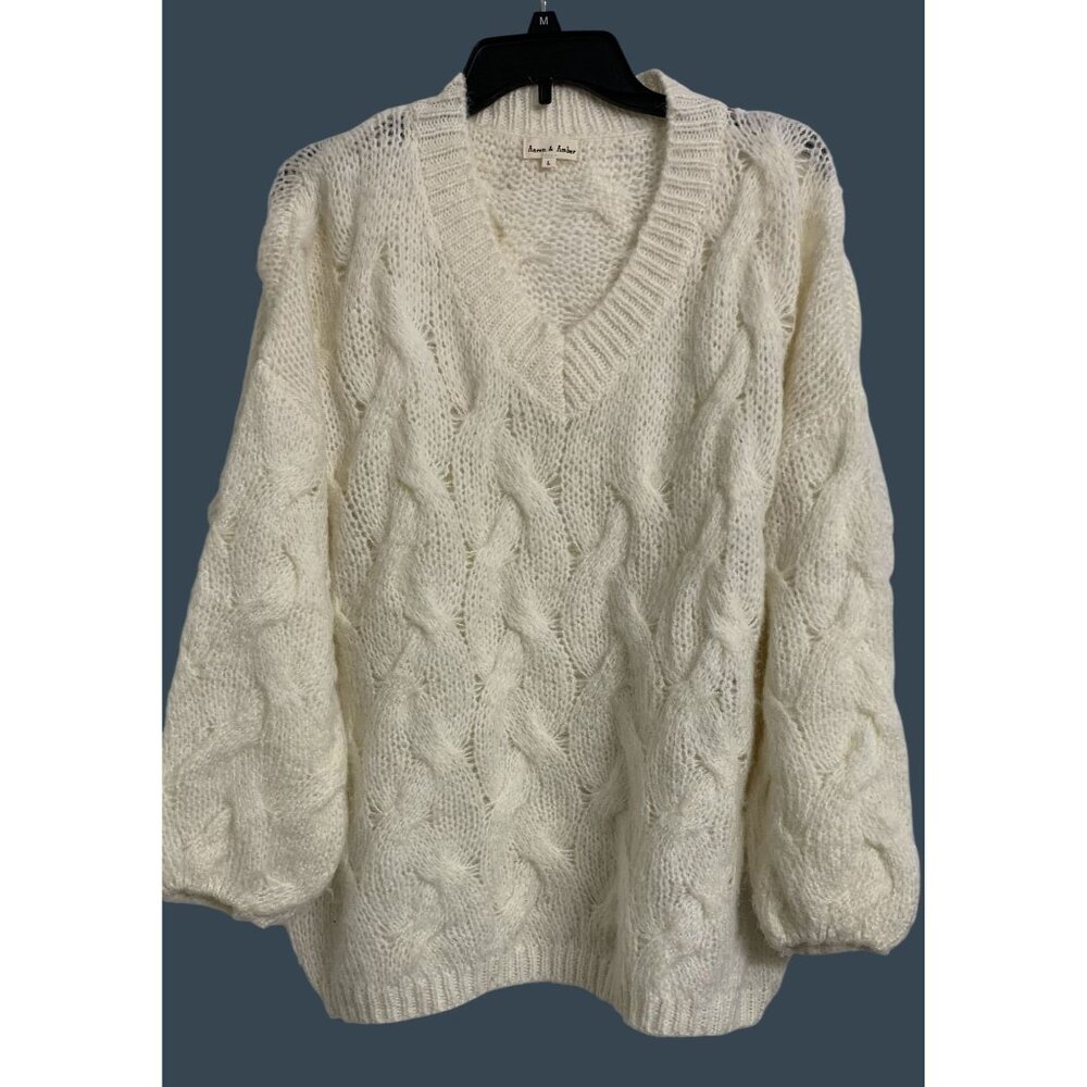 Aaron & Amber L Knit‎ Cream Cable Knit Puff Sleeve Sweater Lightweight Cozy
